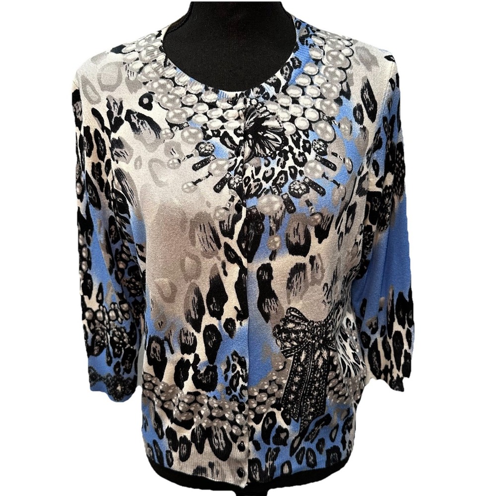 RED By Cyrus Sweater Womens Large Blue Gray Cheetah Print Button Up 3/4 Sleeves